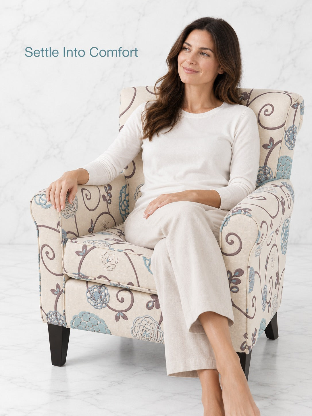 Floral Accent Club Chair with Rolled Arms and Wood Legs