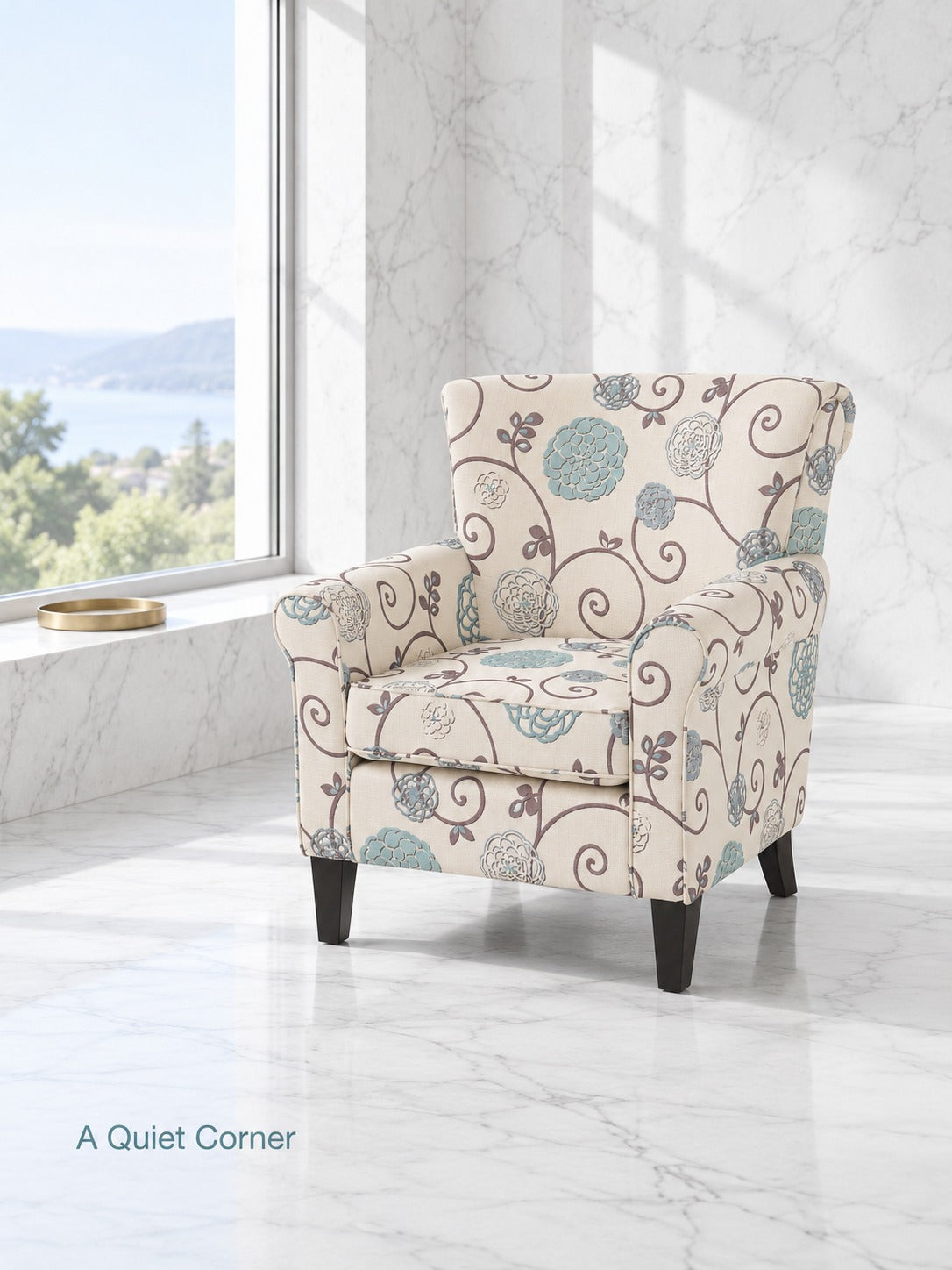Floral Accent Club Chair with Rolled Arms and Wood Legs