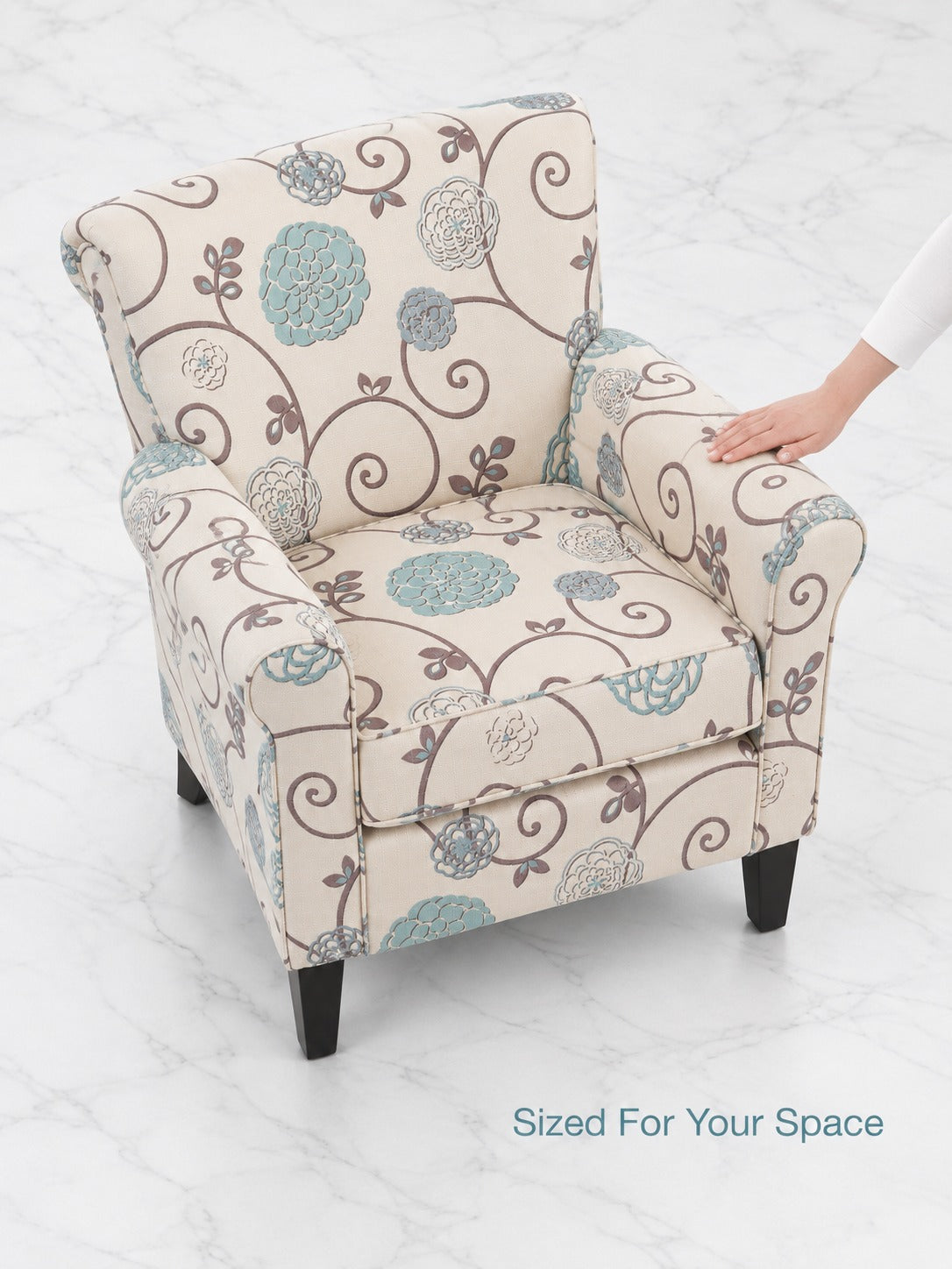 Floral Accent Club Chair with Rolled Arms and Wood Legs