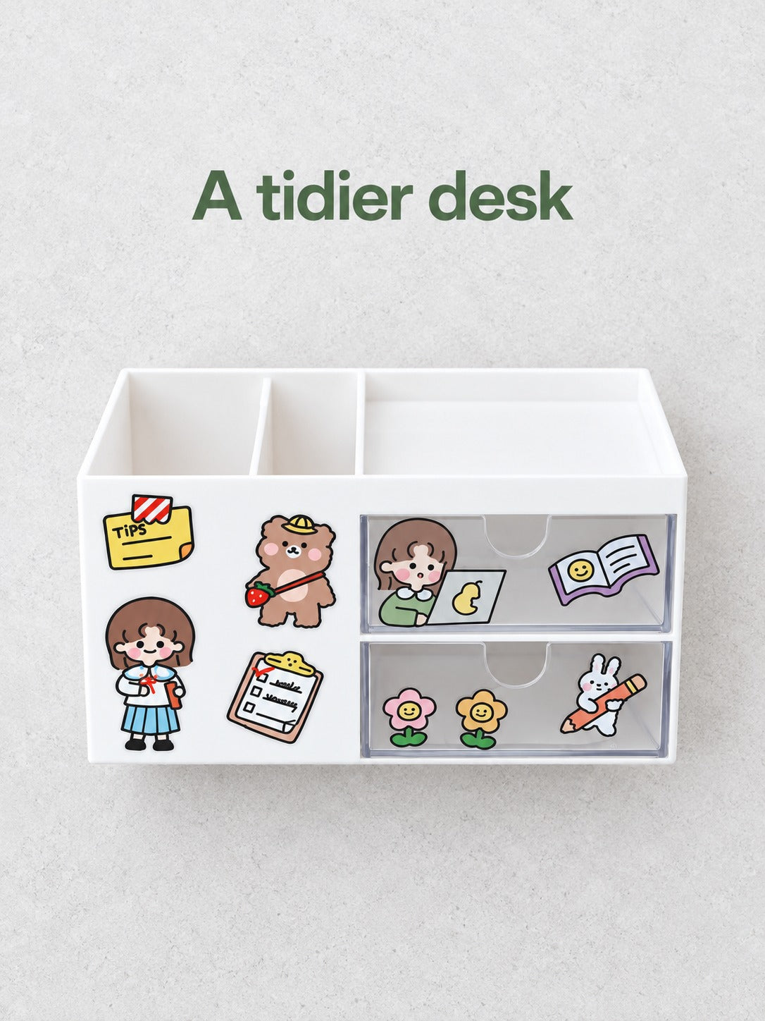 Kawaii Desk Organizer with Pen Holder and Clear Drawers