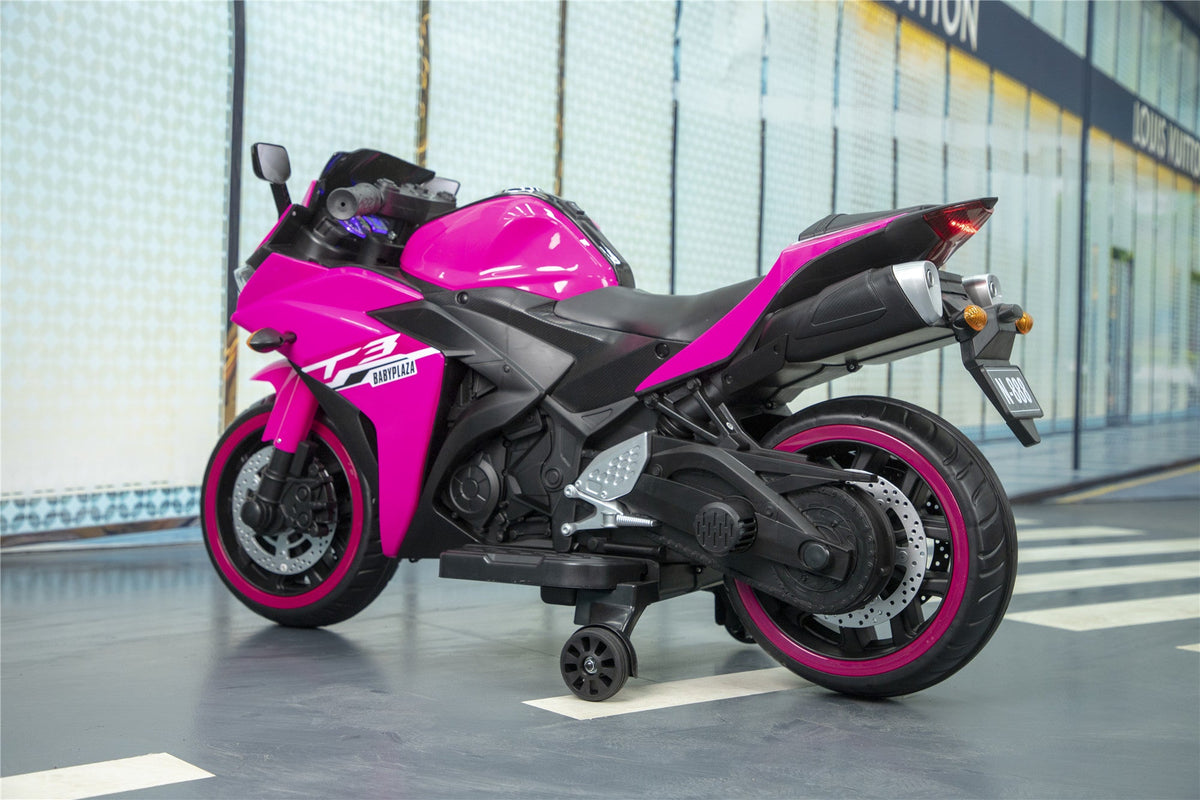 Kids 12V Ride-On Motorcycle With Training Wheels, Pink