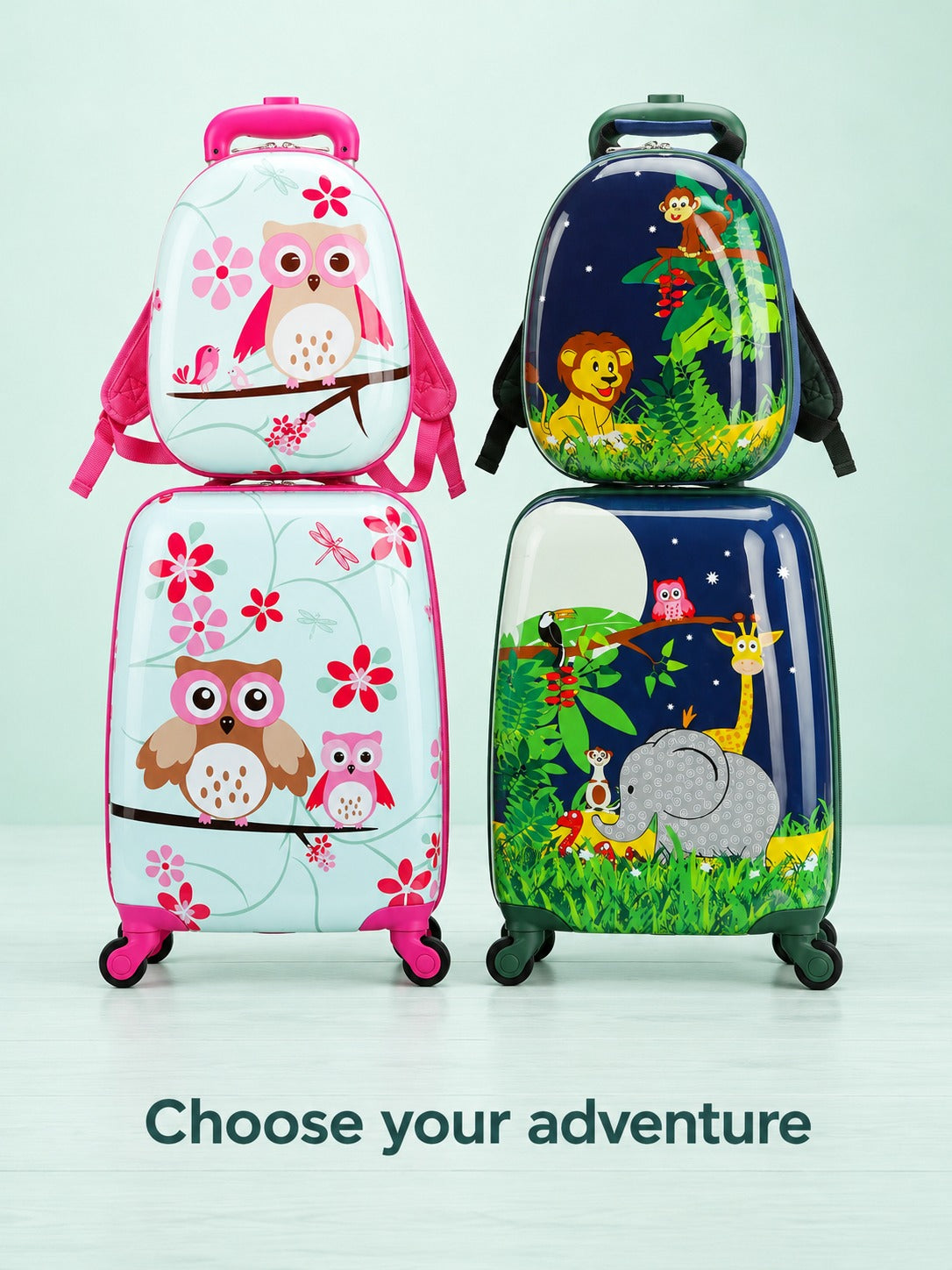 Kids Rolling Luggage Set: Cartoon Animal Spinner Suitcase