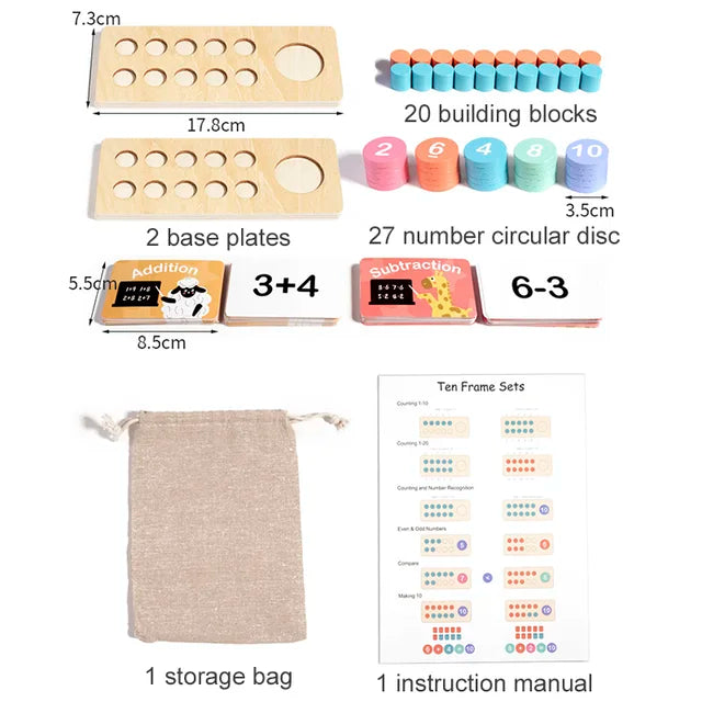 Wooden Ten Frame Math Toy for Early Number Sense Play