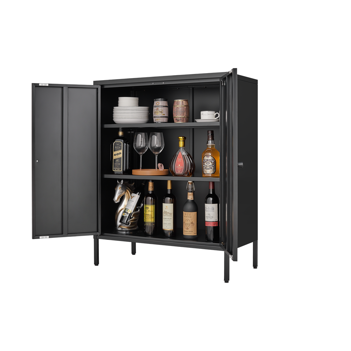 Black Steel Buffet Cabinet with Lockable Doors and Shelves