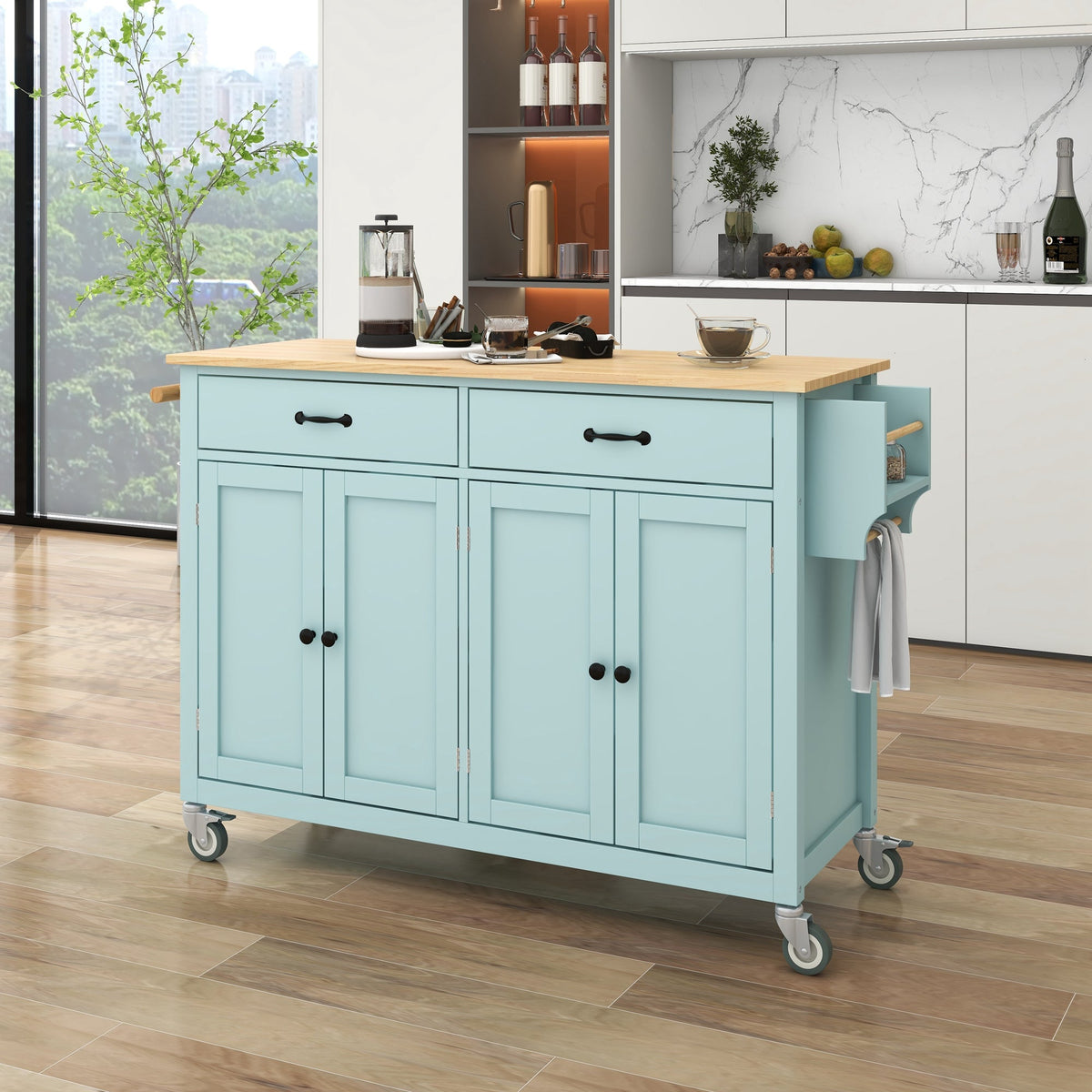 Rolling Kitchen Island Cart with Solid Wood Top & Storage