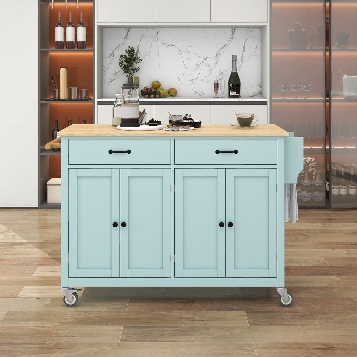 Rolling Kitchen Island Cart with Solid Wood Top & Storage