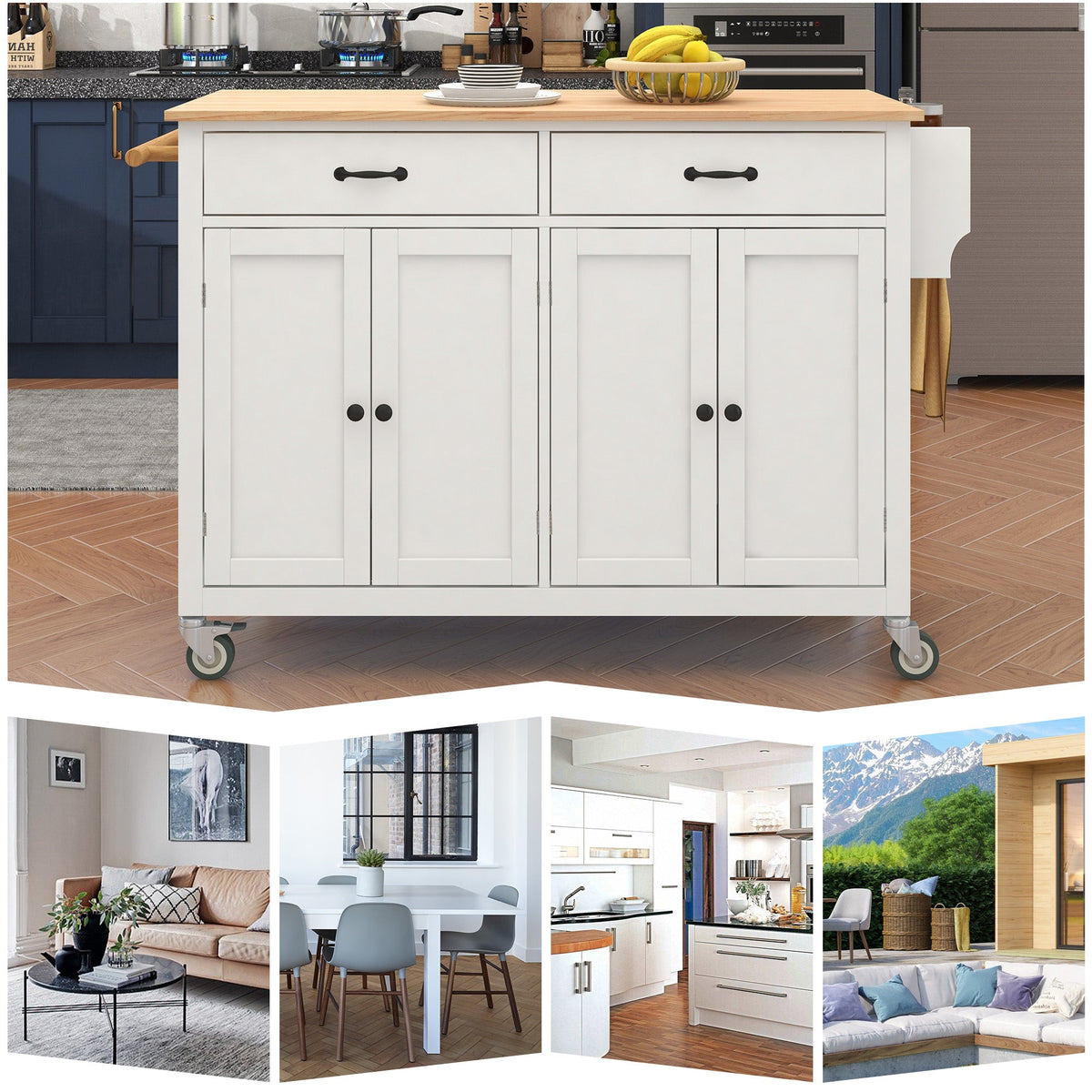 Solid Wood Top Kitchen Island Cart with Locking Wheels