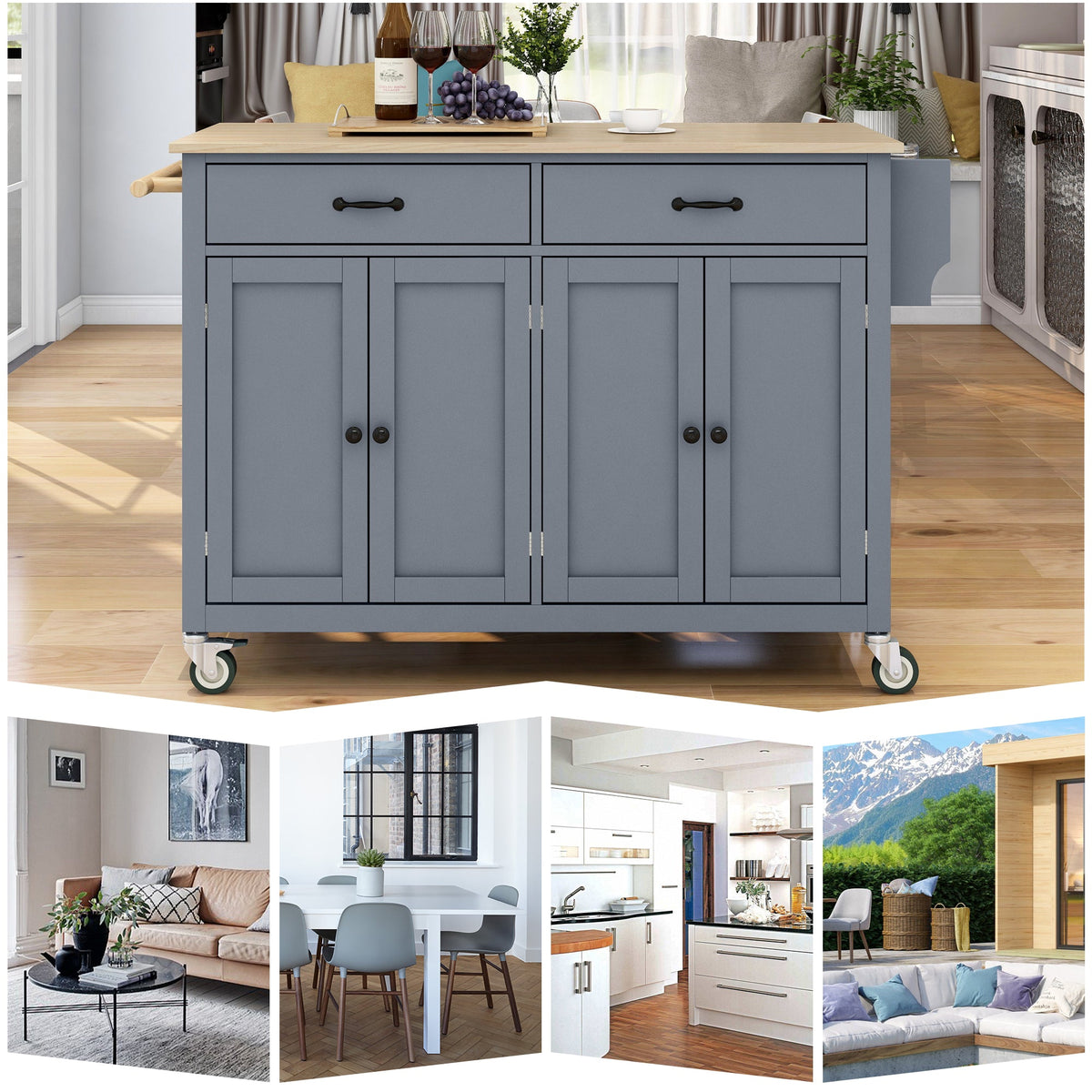 Kitchen Island Cart with Solid Wood Top and Lockable Wheels