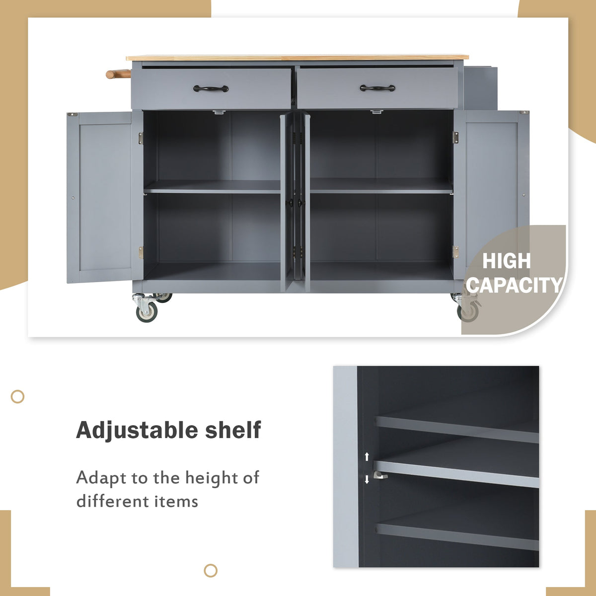 Kitchen Island Cart with Solid Wood Top and Lockable Wheels
