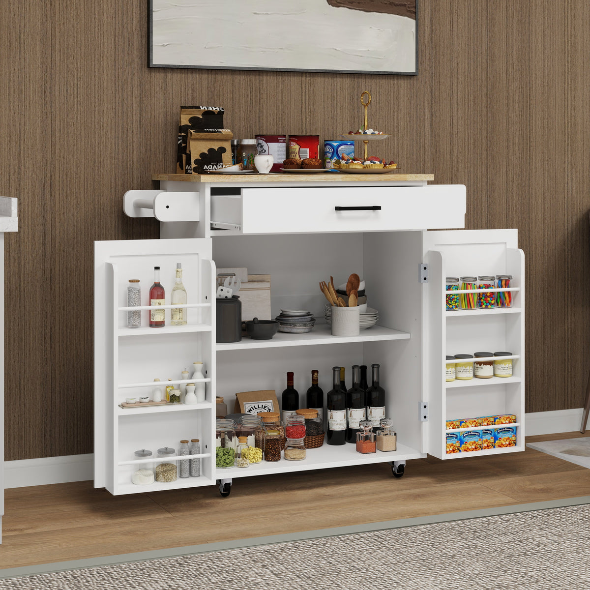 Rolling Kitchen Island Cart with Door Racks & Drawer