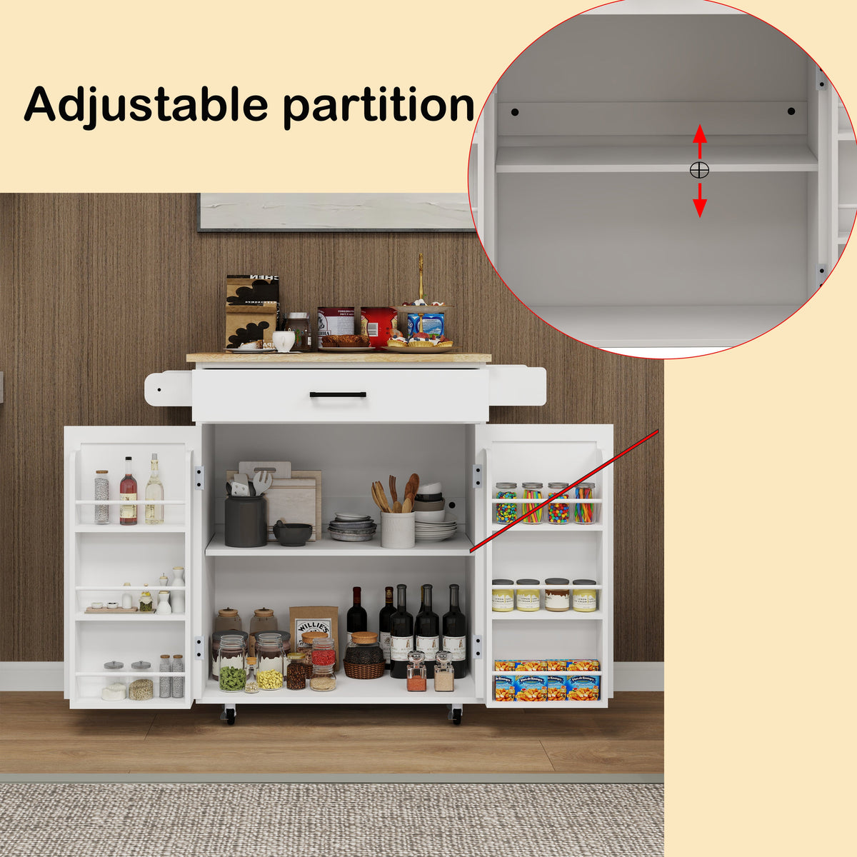 Rolling Kitchen Island Cart with Door Racks & Drawer
