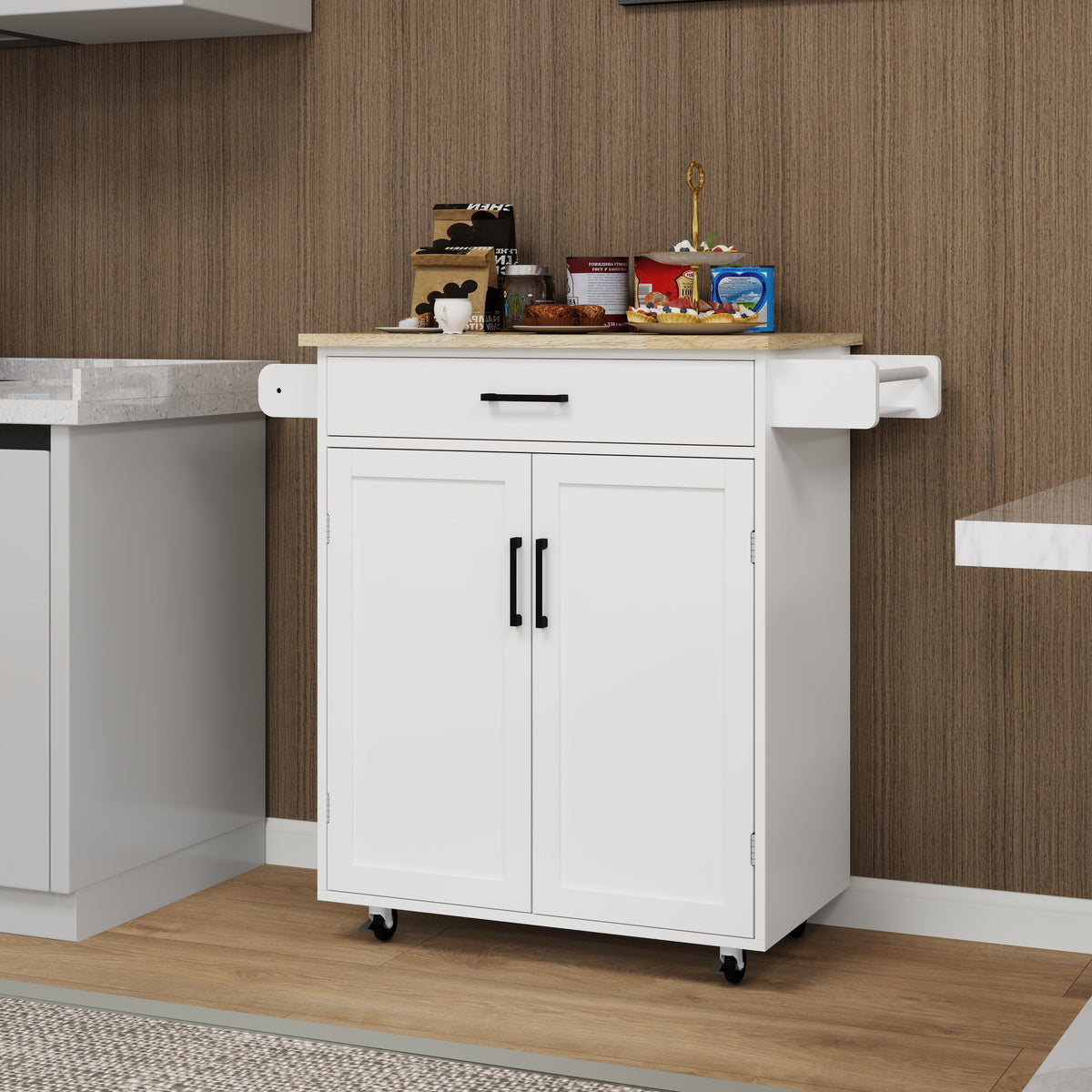 Rolling Kitchen Island Cart with Door Racks & Drawer