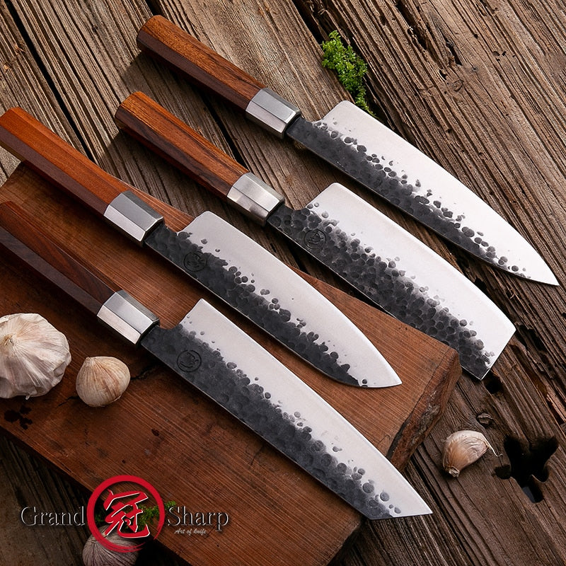 4-Piece Handmade Chef Knife Set with Santoku & Nakiri