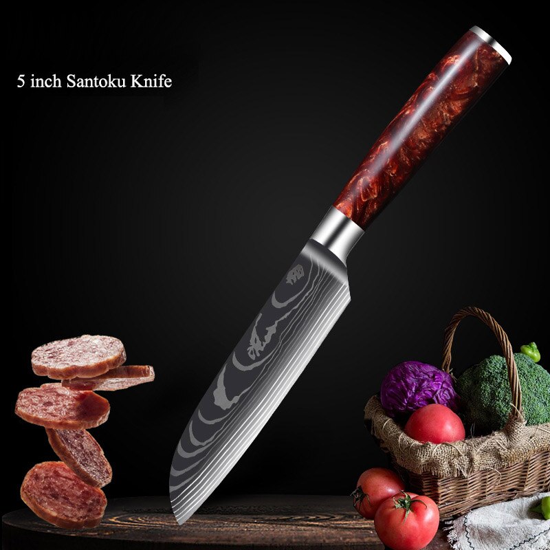Japanese Chef Knife Set with Damask Pattern Blades