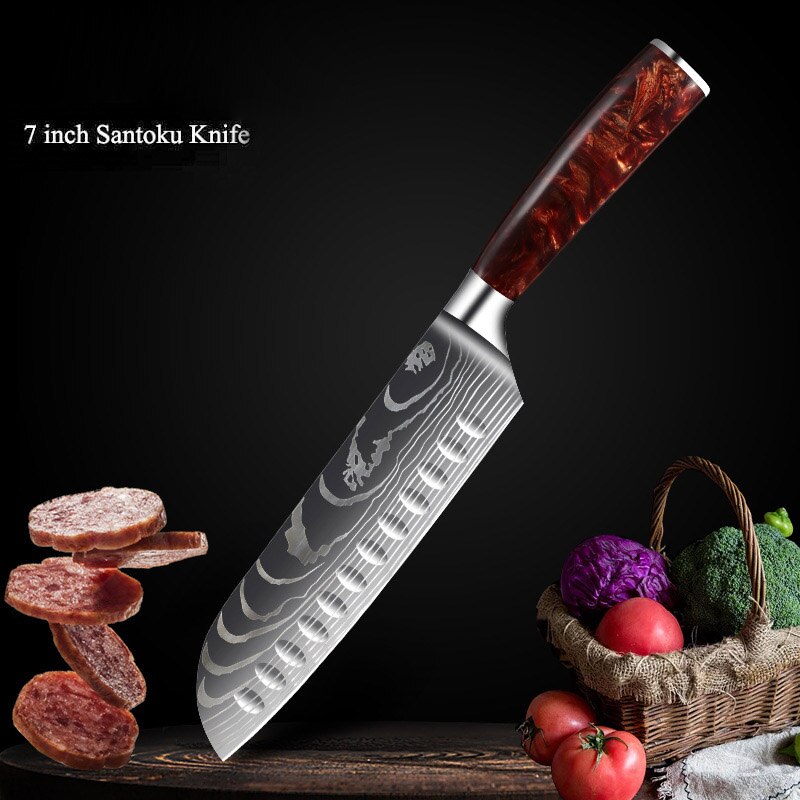 Japanese Chef Knife Set with Damask Pattern Blades