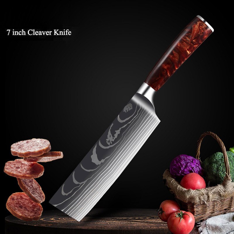 Japanese Chef Knife Set with Damask Pattern Blades