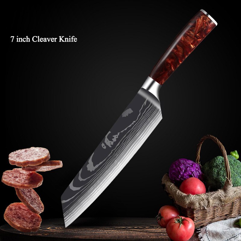 Japanese Chef Knife Set with Damask Pattern Blades
