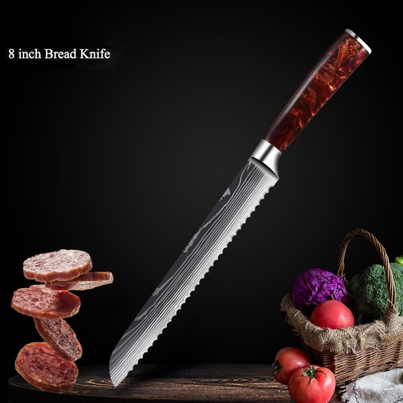 Japanese Chef Knife Set with Damask Pattern Blades