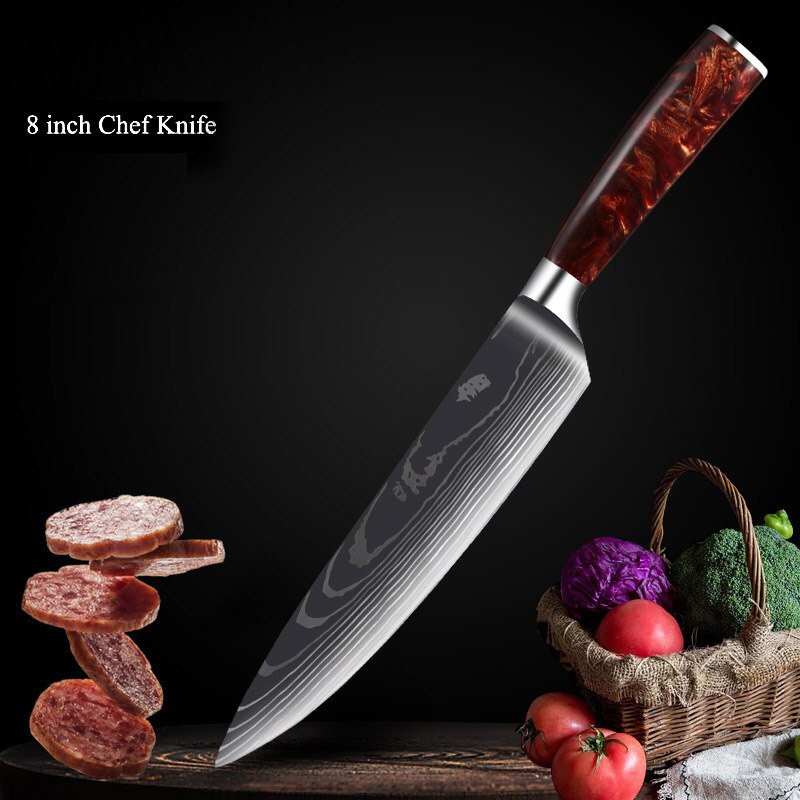 Japanese Chef Knife Set with Damask Pattern Blades