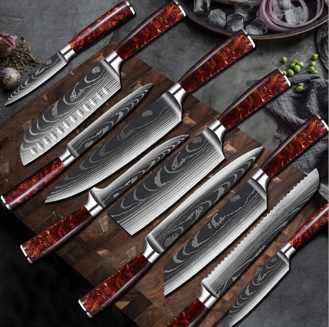 Japanese Chef Knife Set with Damask Pattern Blades