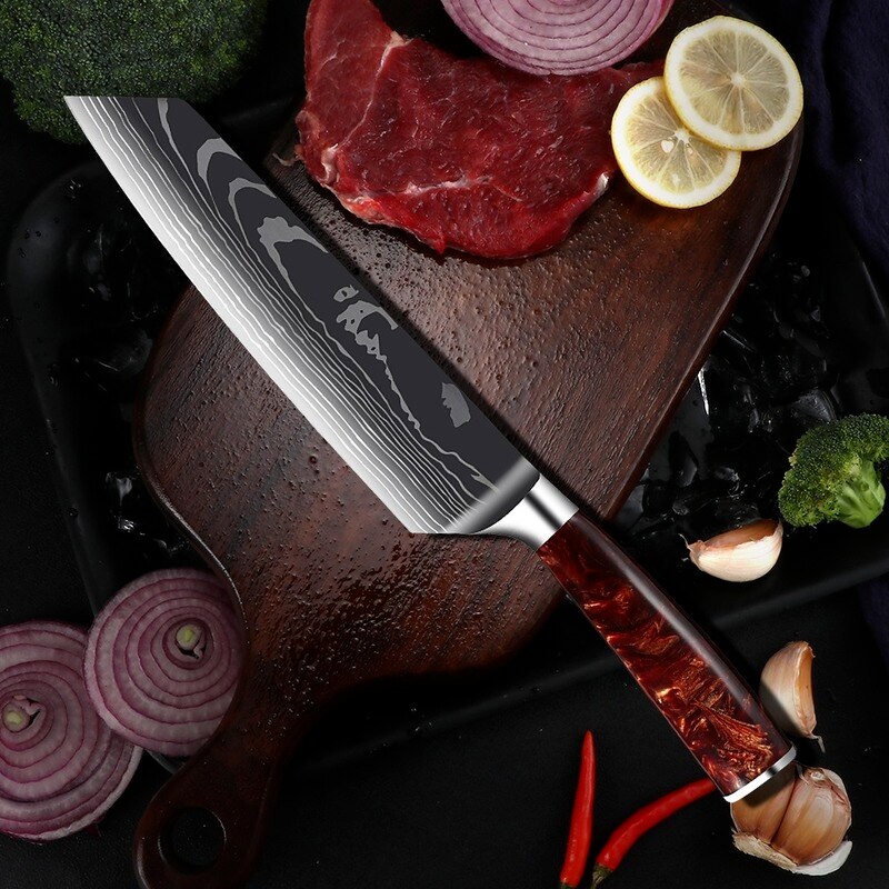 Japanese Chef Knife Set with Damask Pattern Blades
