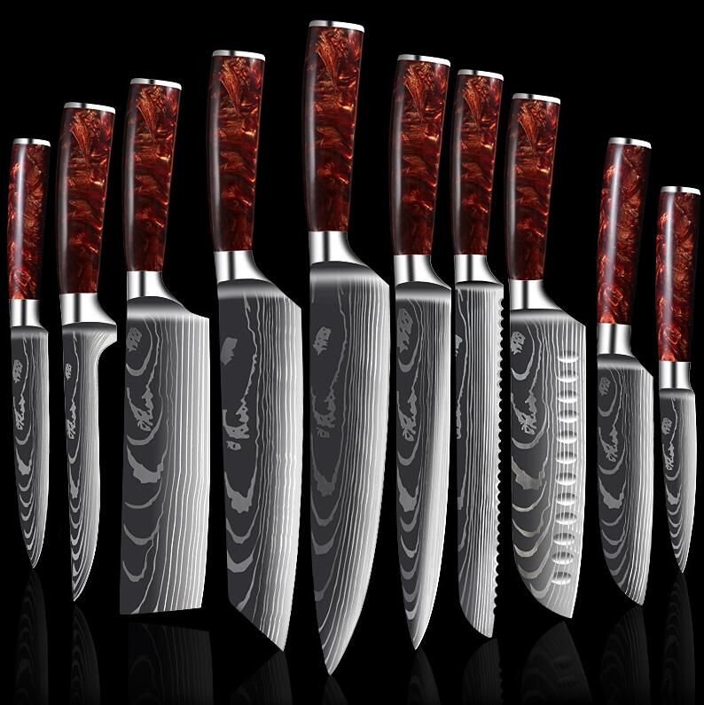 Japanese Chef Knife Set with Damask Pattern Blades