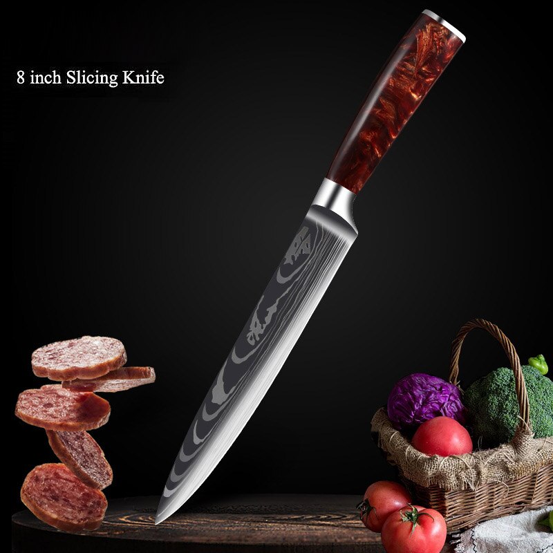 Japanese Chef Knife Set with Damask Pattern Blades