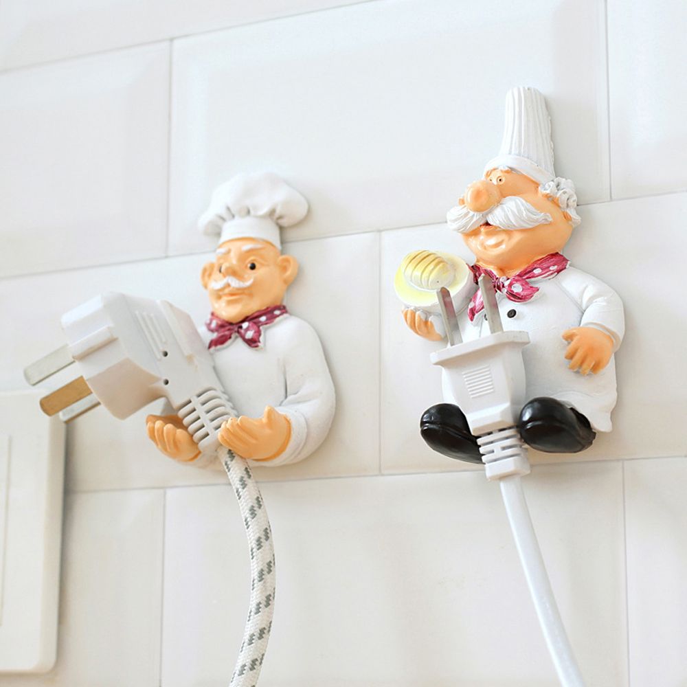 Chef Figurine Plug Holder, Sticky Kitchen Cord Organizer