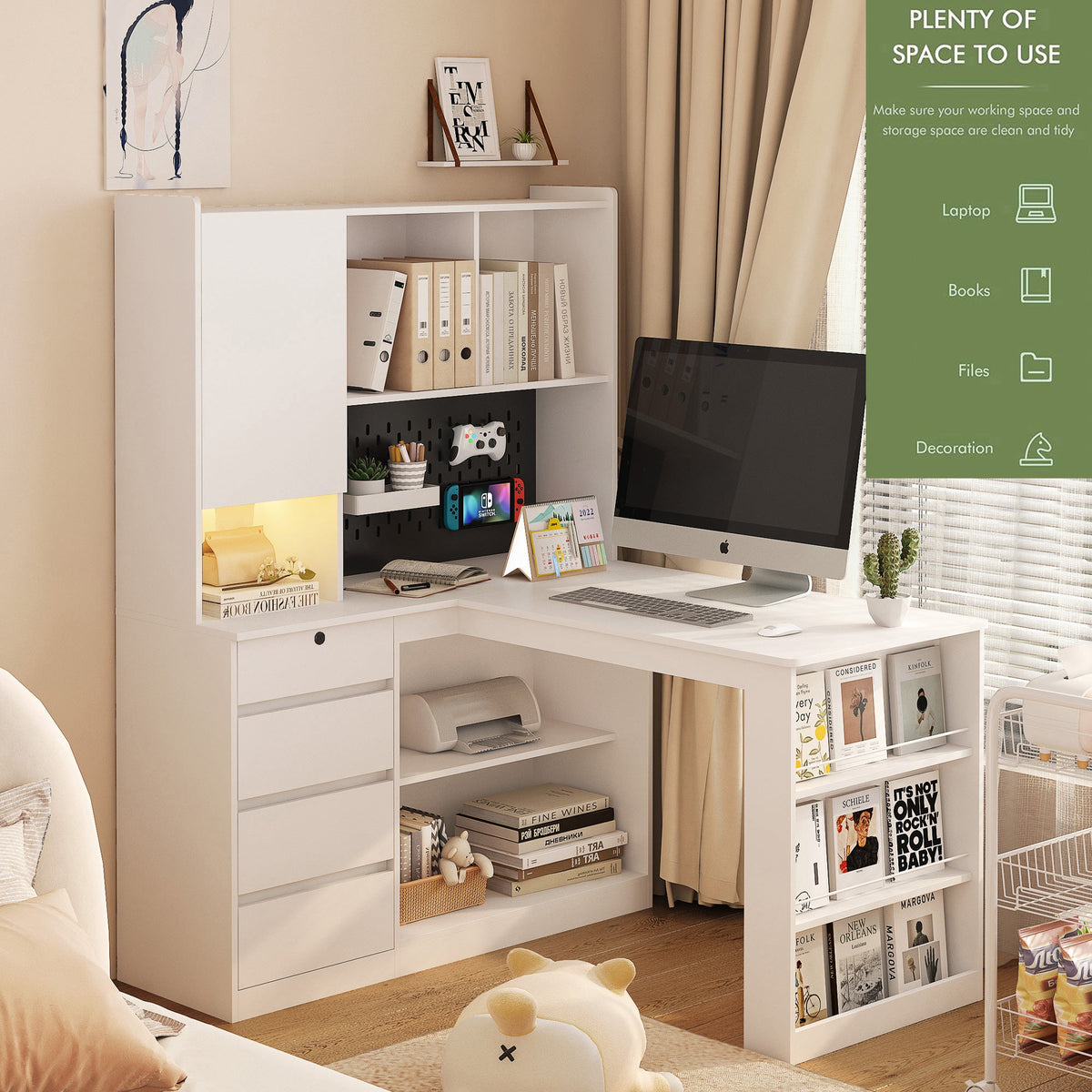 L-Shaped Office Desk with Hutch, Drawers and LED Light