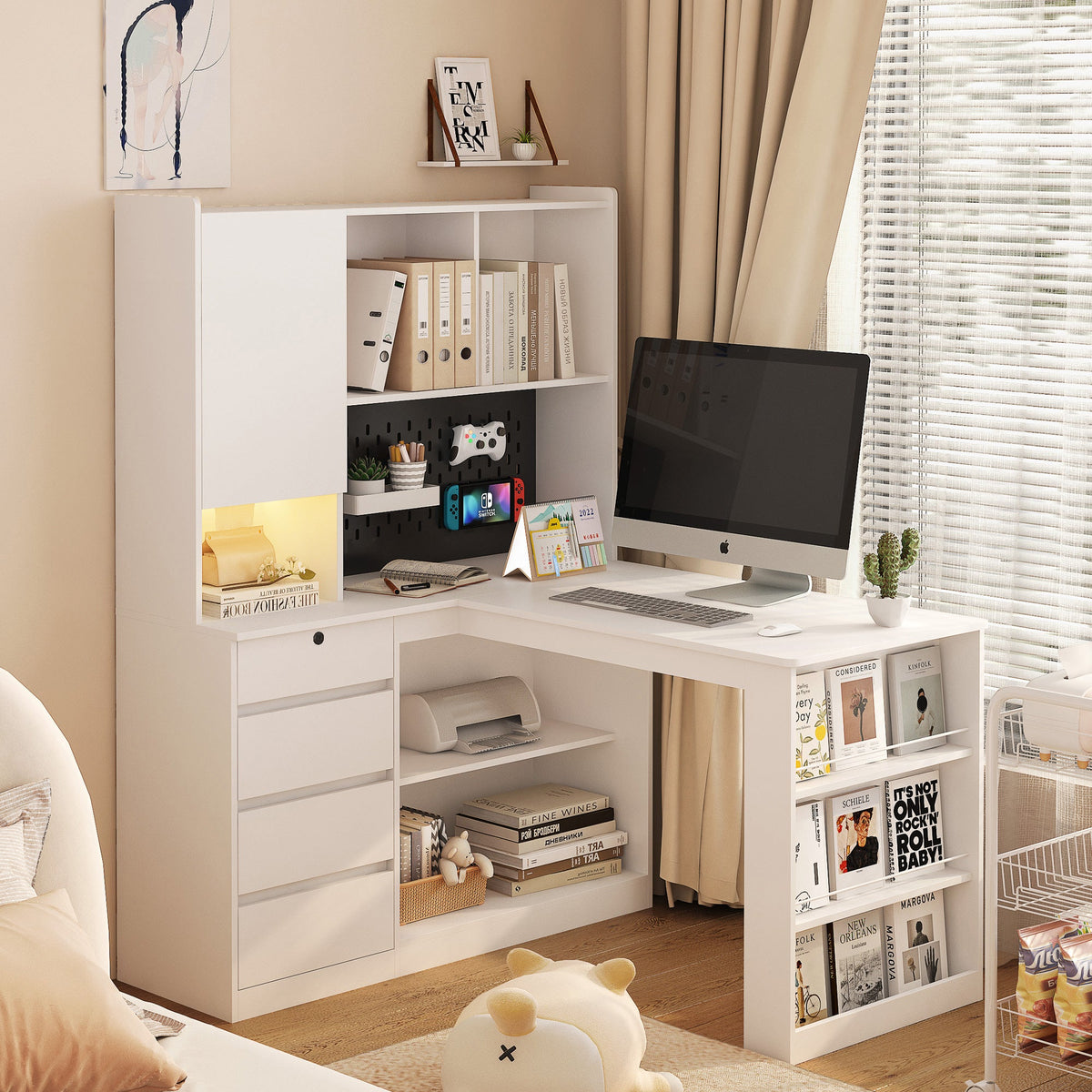 L-Shaped Office Desk with Hutch, Drawers and LED Light