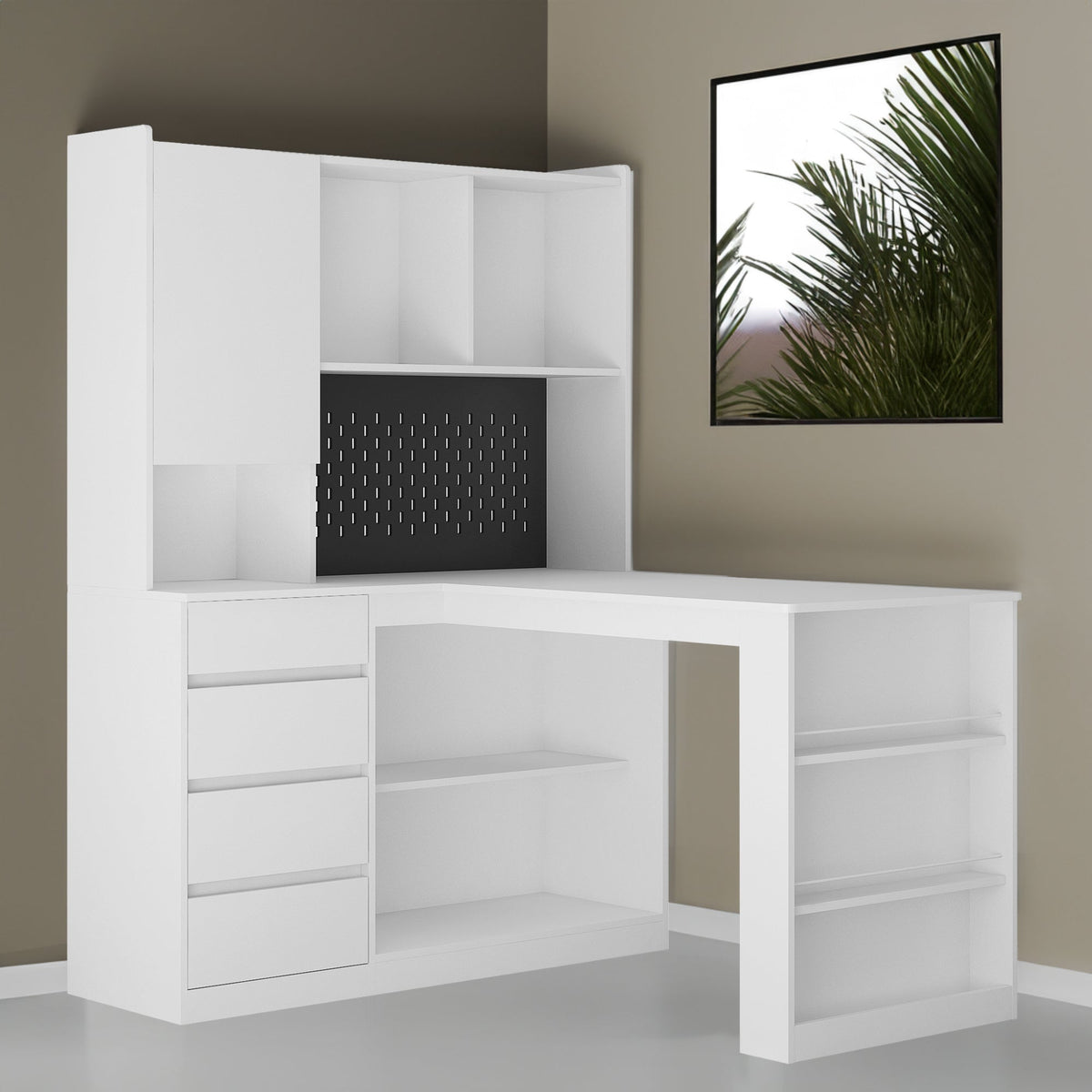L-Shaped Office Desk with Hutch, Drawers and LED Light