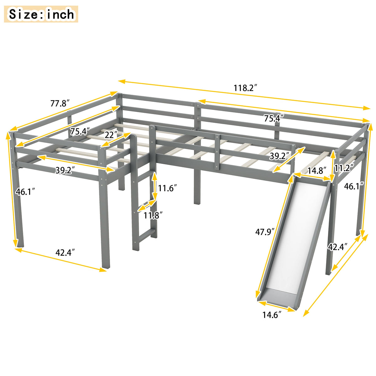 L-Shaped Twin Loft Bed with Slide and Ladder for Kids