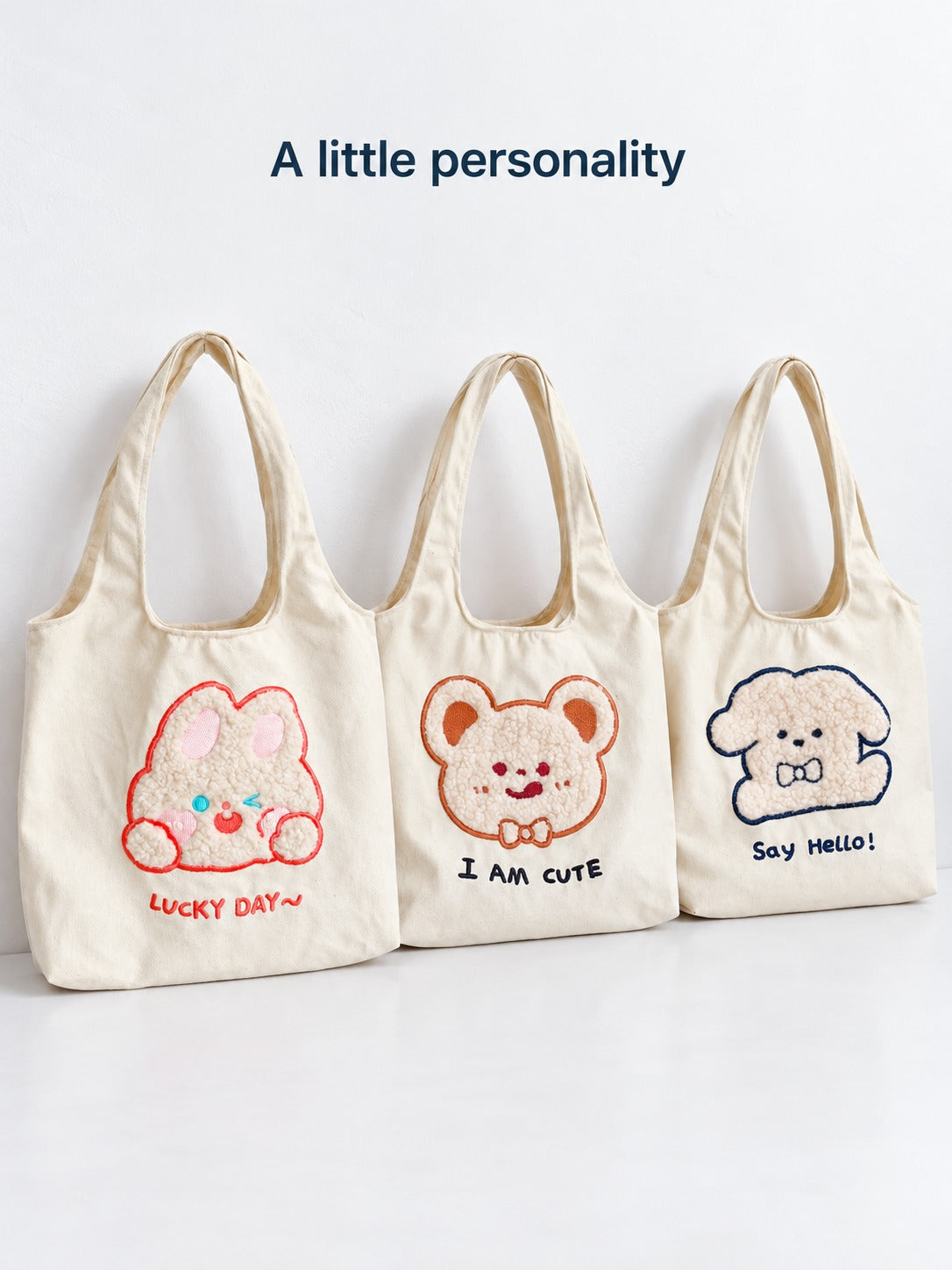 Large Canvas Tote Bag with Plush Embroidery for Students
