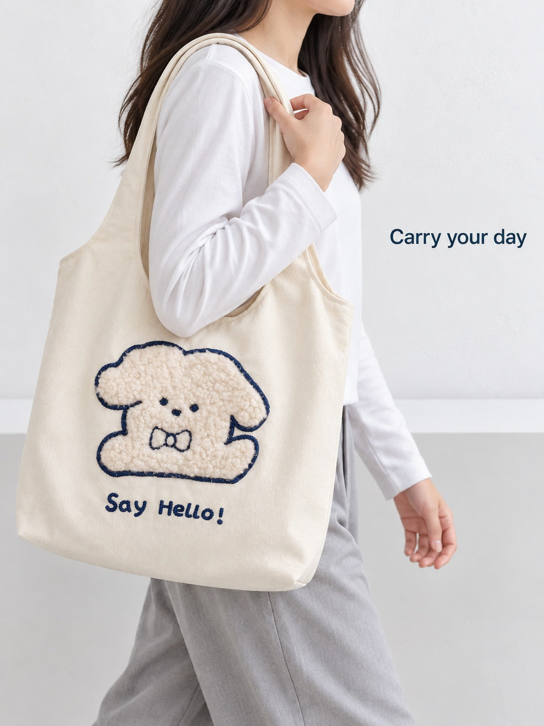 Large Canvas Tote Bag with Plush Embroidery for Students