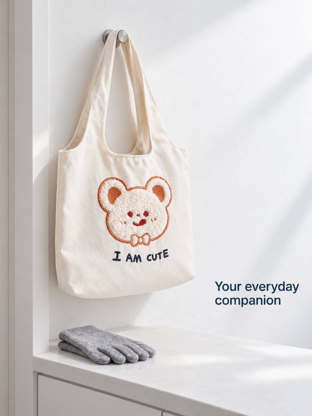 Large Canvas Tote Bag with Plush Embroidery for Students