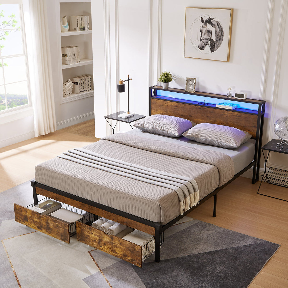 Full Size Metal Bed Frame with Wood Headboard and LED