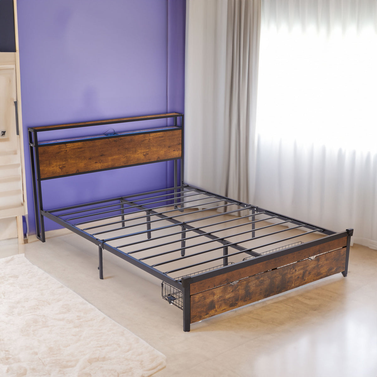 Full Size Metal Bed Frame with Wood Headboard and LED