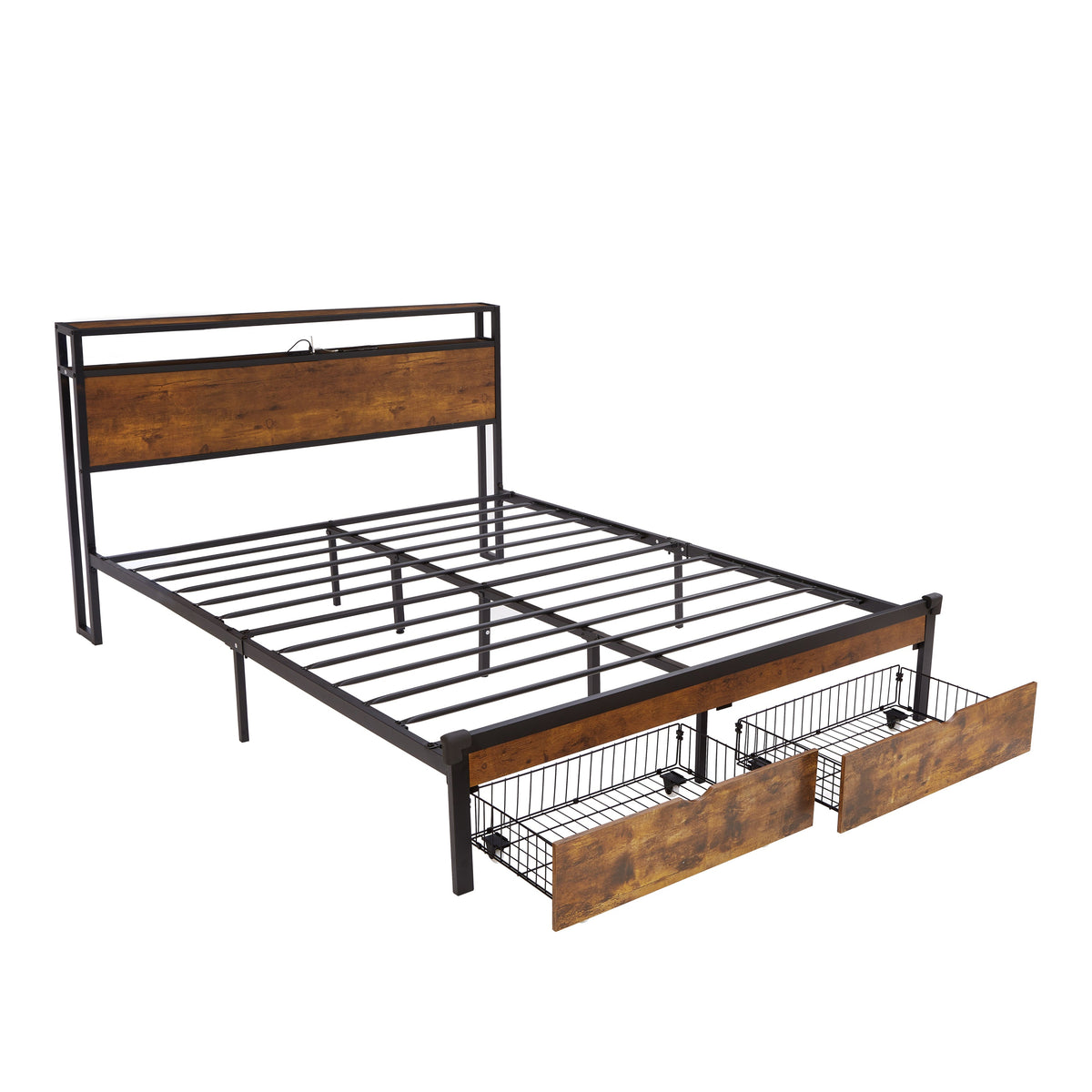 Full Size Metal Bed Frame with Wood Headboard and LED