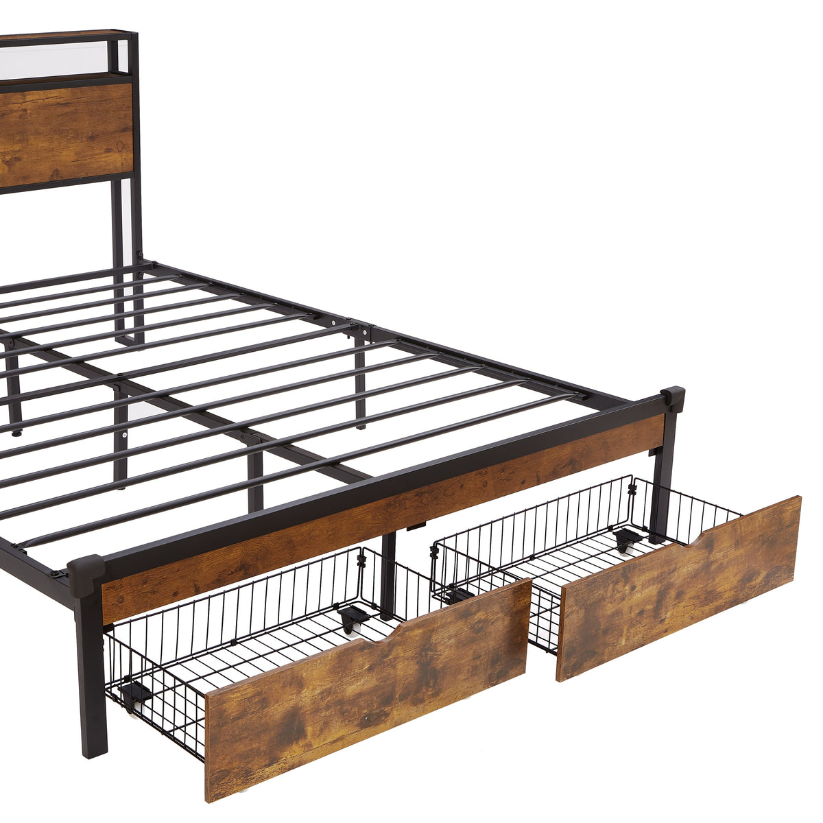 Full Size Metal Bed Frame with Wood Headboard and LED