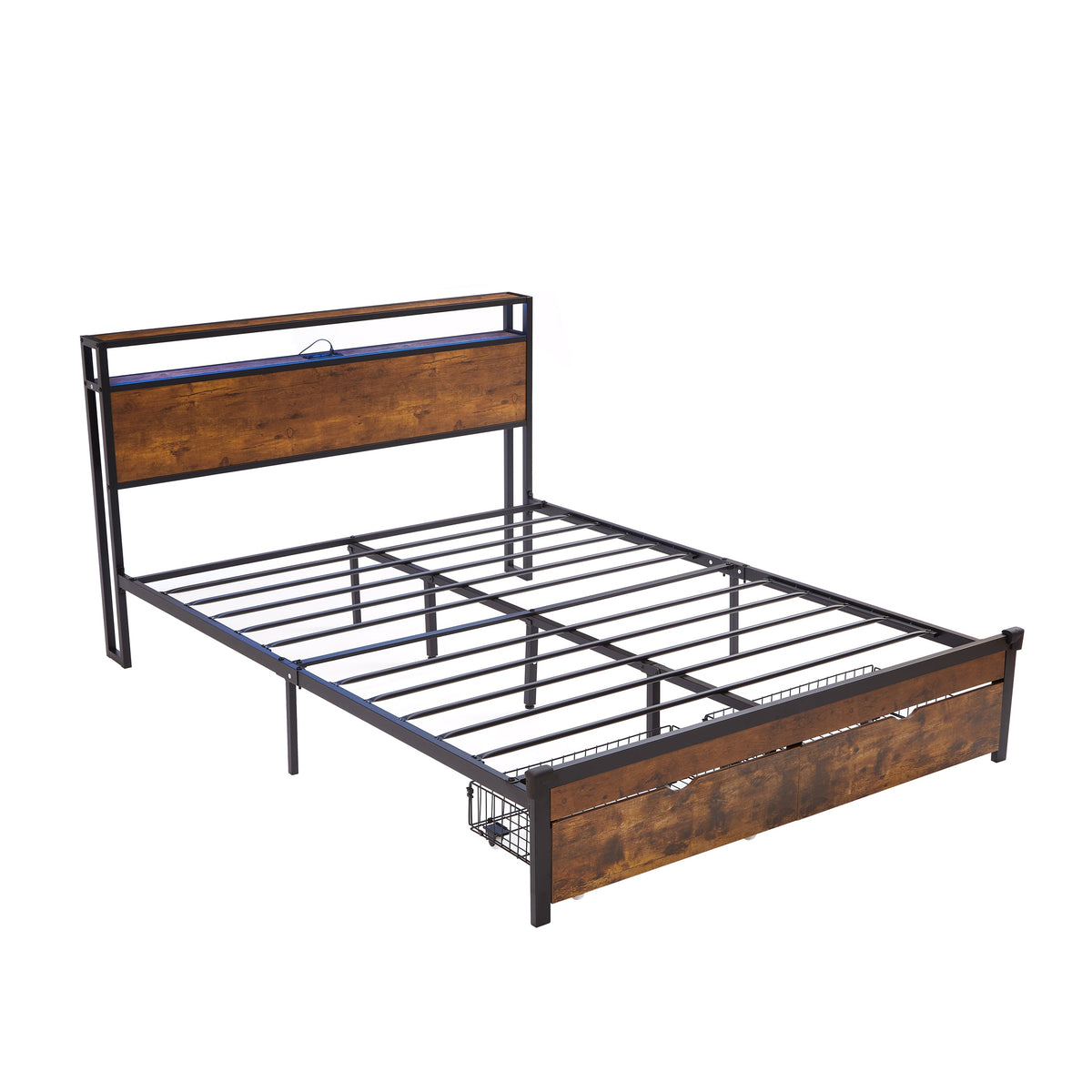 Full Size Metal Bed Frame with Wood Headboard and LED