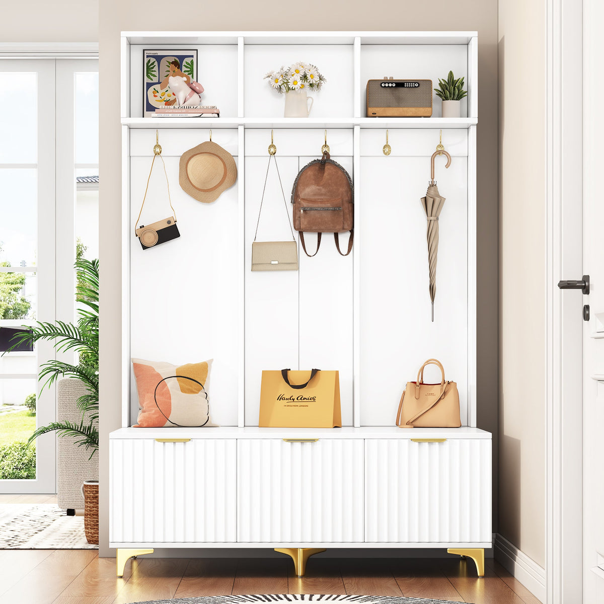 Entryway Hall Tree with Bench and Gold Coat Hooks