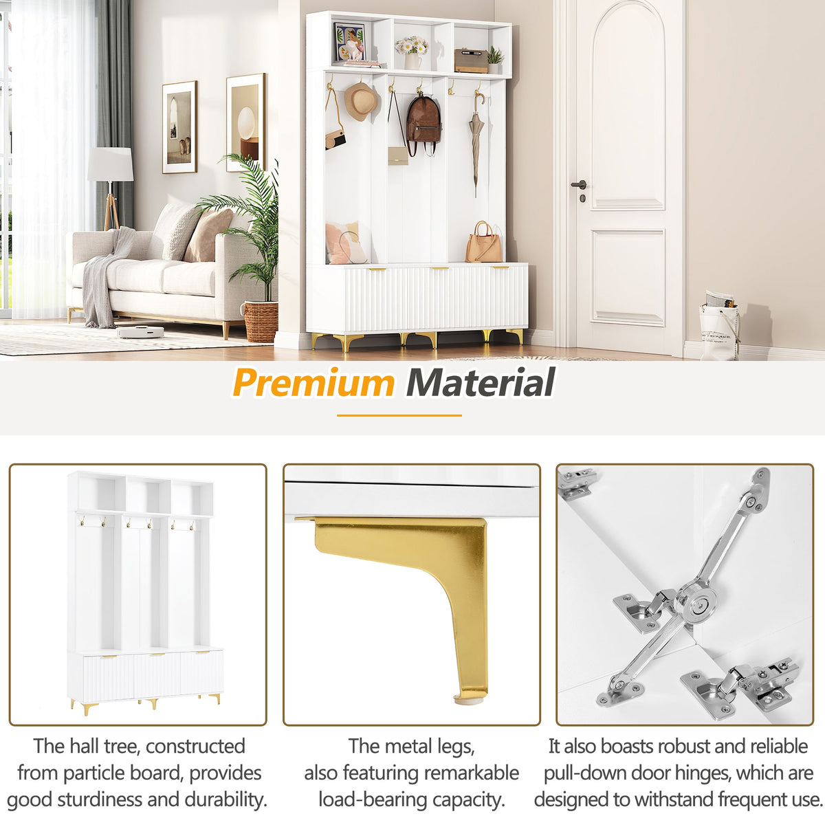 Entryway Hall Tree with Bench and Gold Coat Hooks