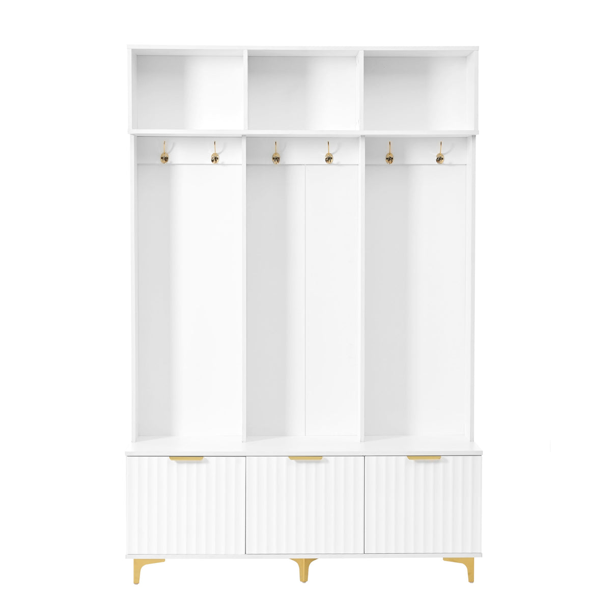 Entryway Hall Tree with Bench and Gold Coat Hooks