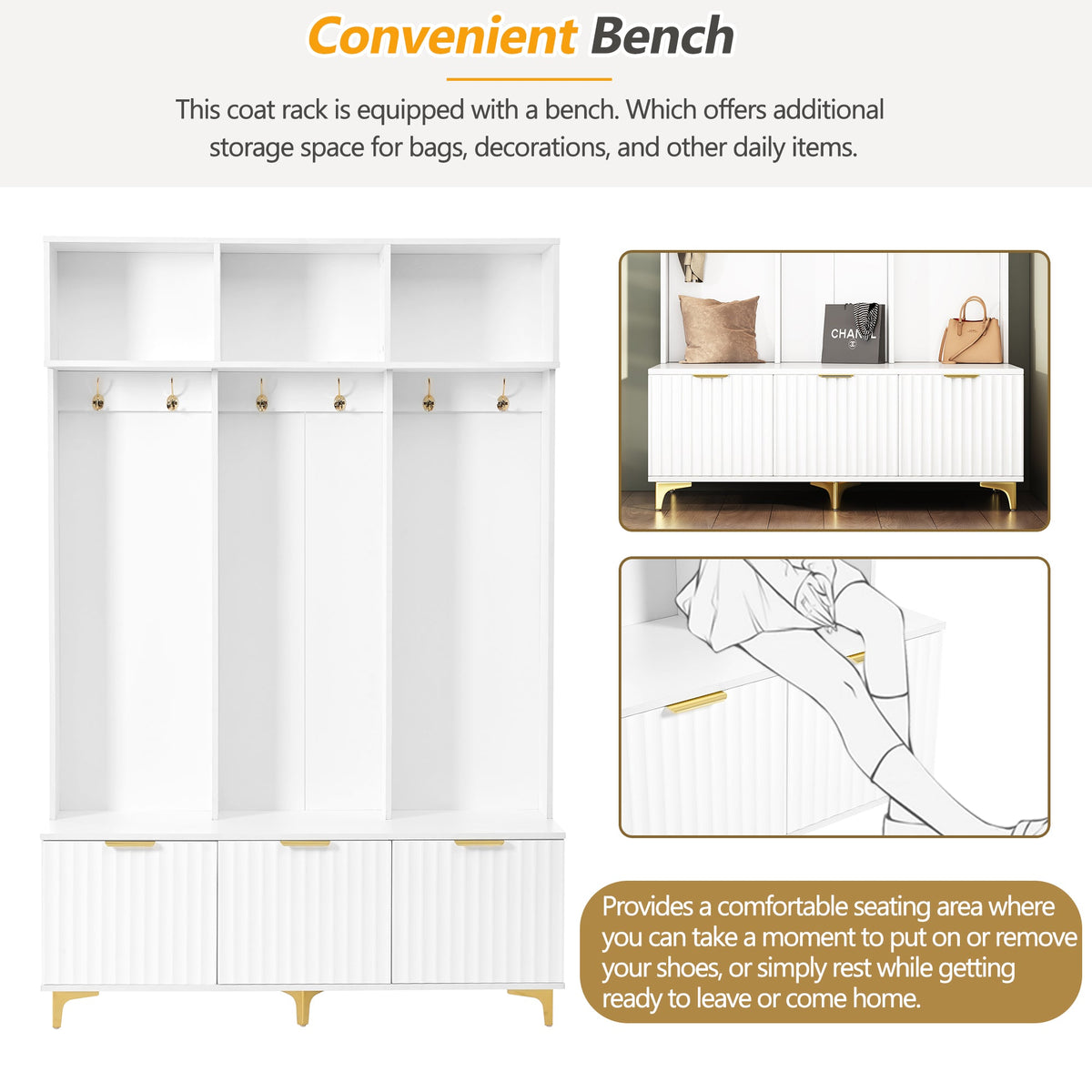 Entryway Hall Tree with Bench and Gold Coat Hooks