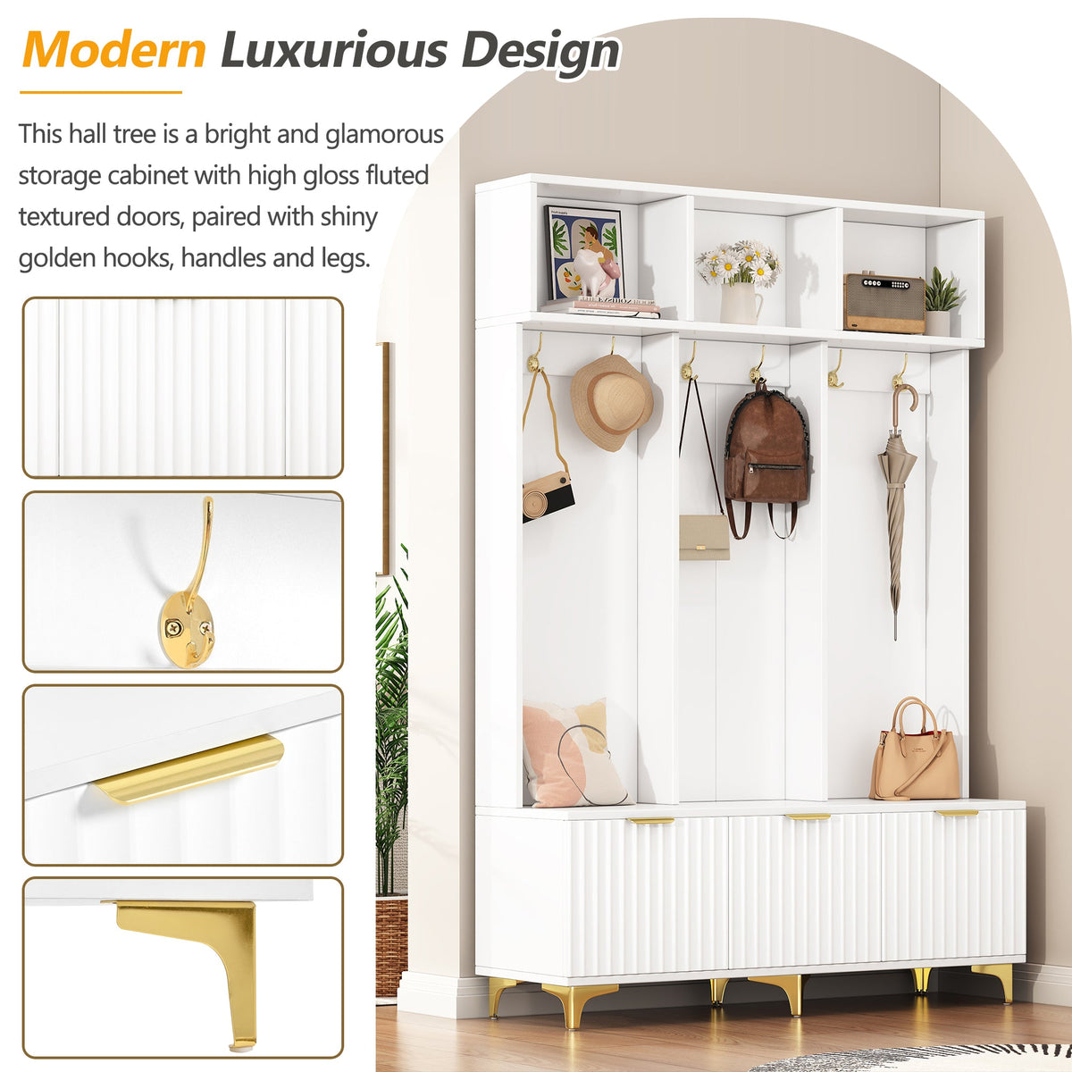 Entryway Hall Tree with Bench and Gold Coat Hooks