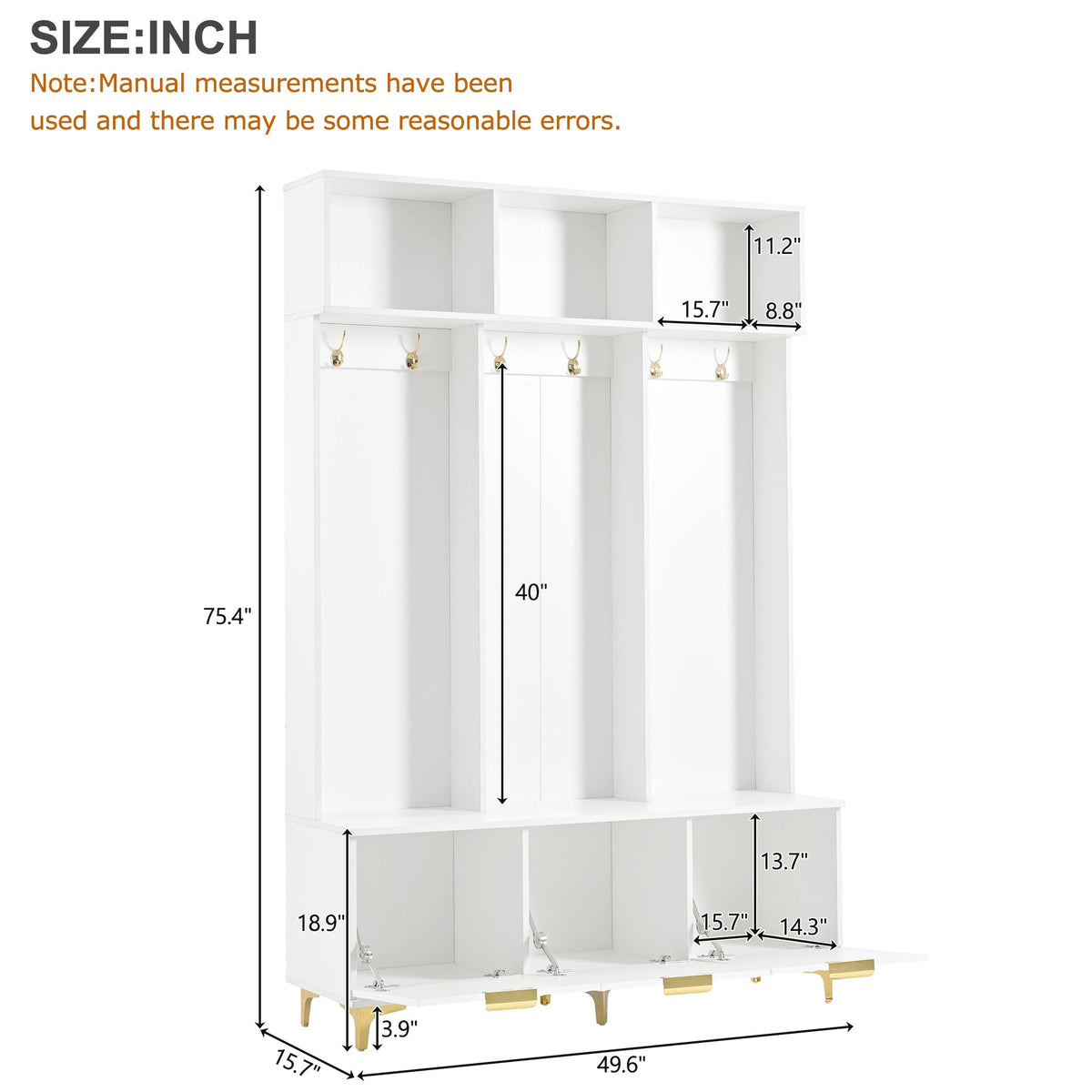 Entryway Hall Tree with Bench and Gold Coat Hooks
