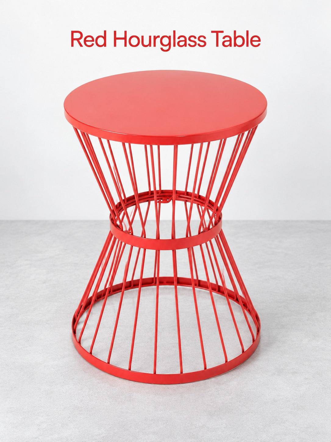 Red Hourglass Side Table, Bold Metal Accent for Living Room