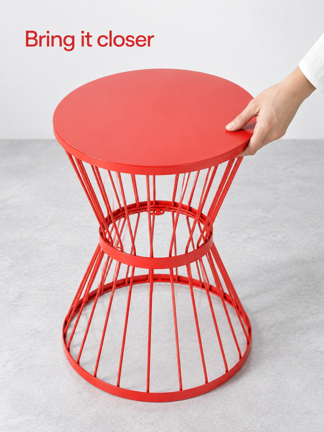 Red Hourglass Side Table, Bold Metal Accent for Living Room