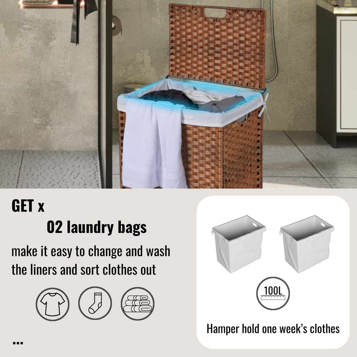 Rattan-Style Laundry Hamper with Lid, 100L Capacity