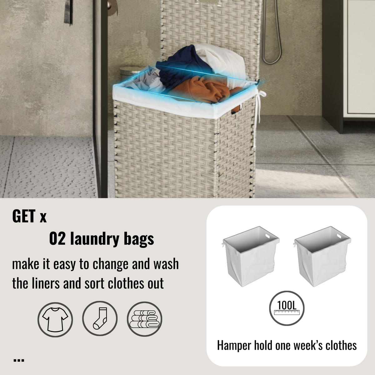 100L Laundry Hamper With Lid and Removable Liners